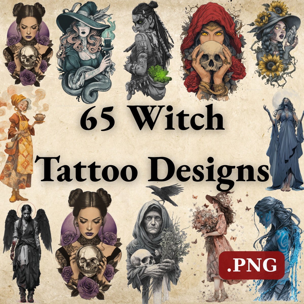 Witch Tattoo Design Bundle — 65 Files | 4K PNG Mystic Art Collection