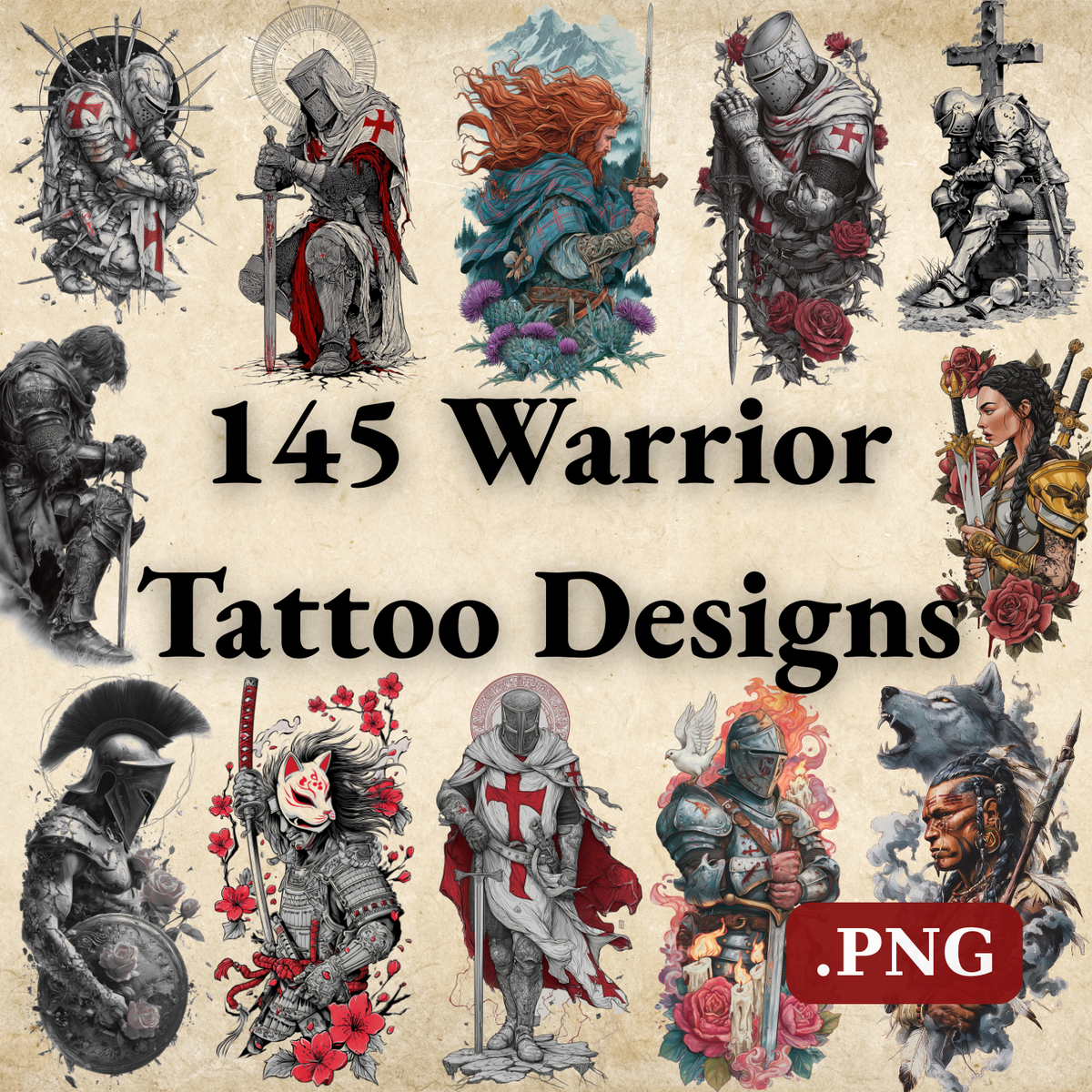 Warrior Tattoo Design Bundle — 145 Files | 4K PNG Brave Art Collection