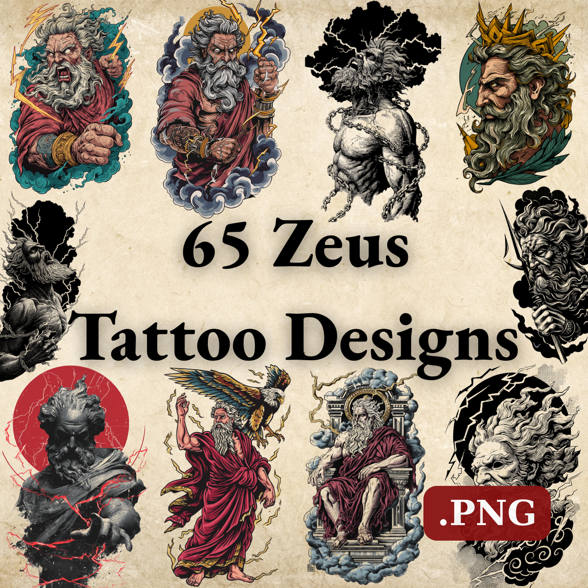 Zeus Tattoo Design Bundle — 65 Files | Greek God 4K PNG Art Collection