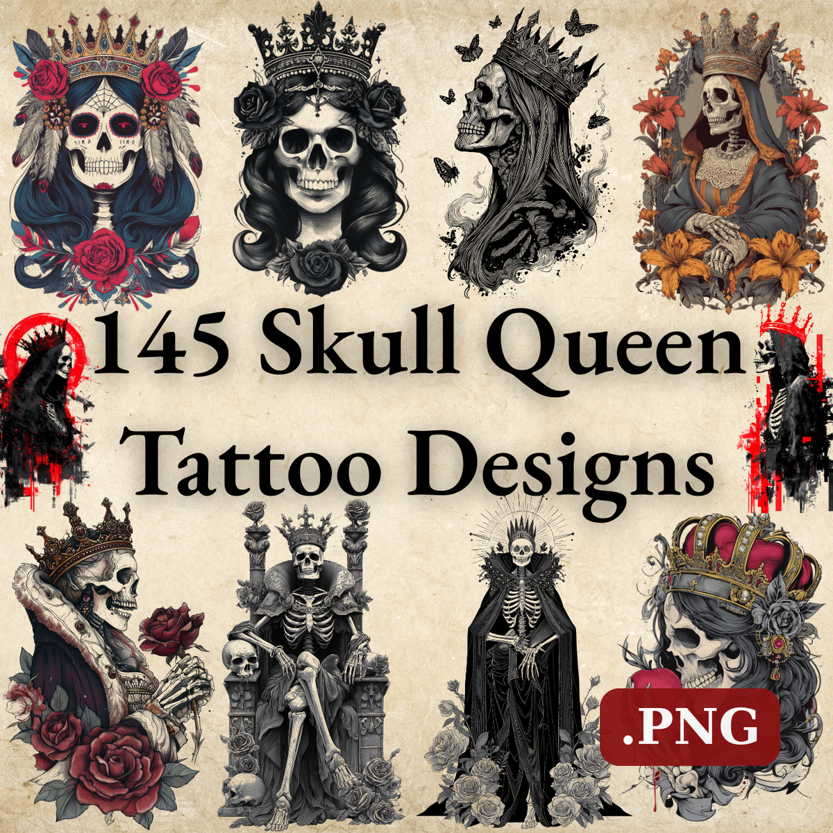 Skull Queen Tattoo Design Bundle — 145 Files | 4K PNG Art Collection