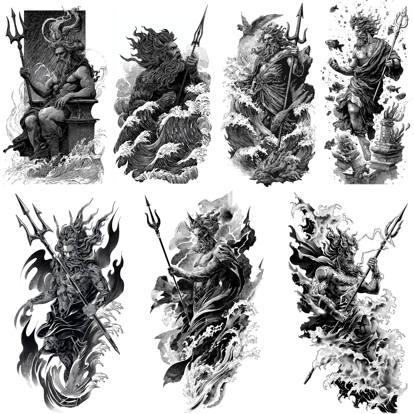 Poseidon Tattoo Design Bundle — 110 Files | Greek God 4K PNG Collection