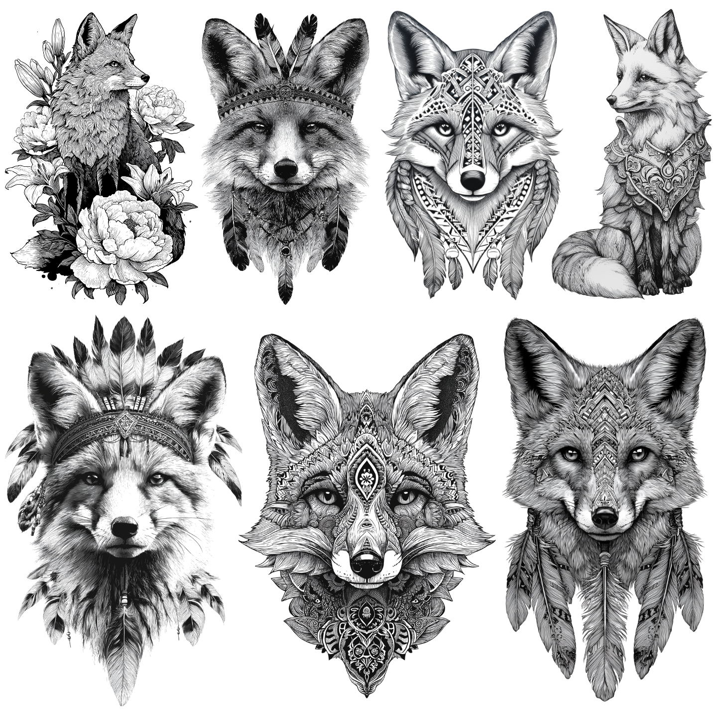 Fox Tattoo Design Bundle — 100 Files | 4K PNG Collection